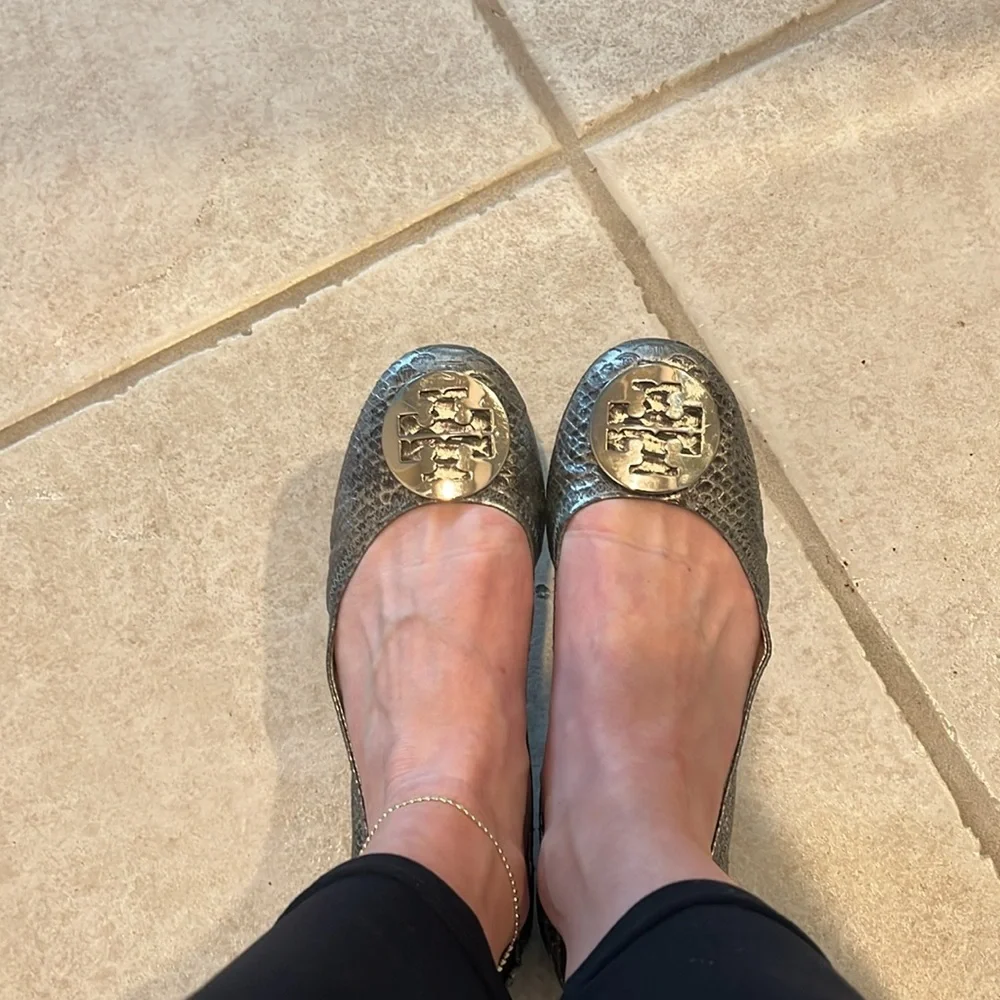 Tory Burch Reva Silver Ballet Flats Reptile Print